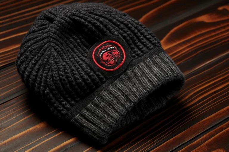 Black knit beanie with embroidered logo patch displayed on a wooden surface, showcasing branded winter apparel for business visibility