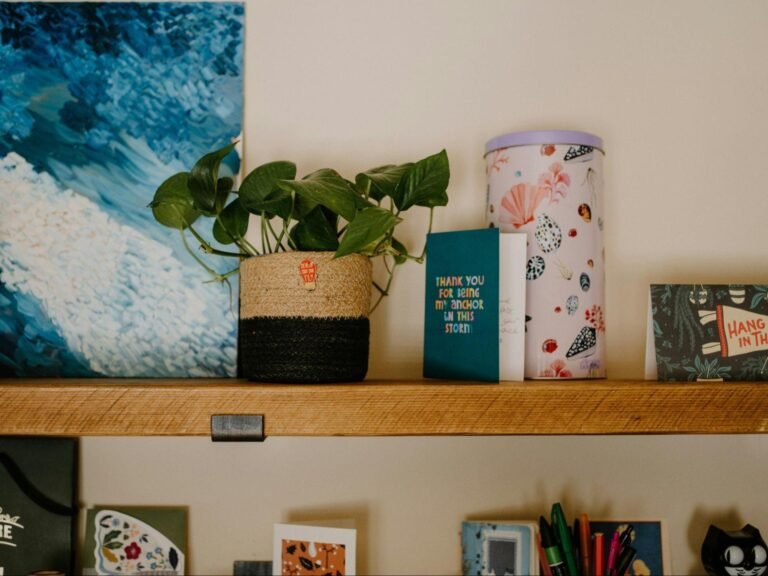 Shelf with plants, artwork, and personal items reflecting flexible storage and curated personal space