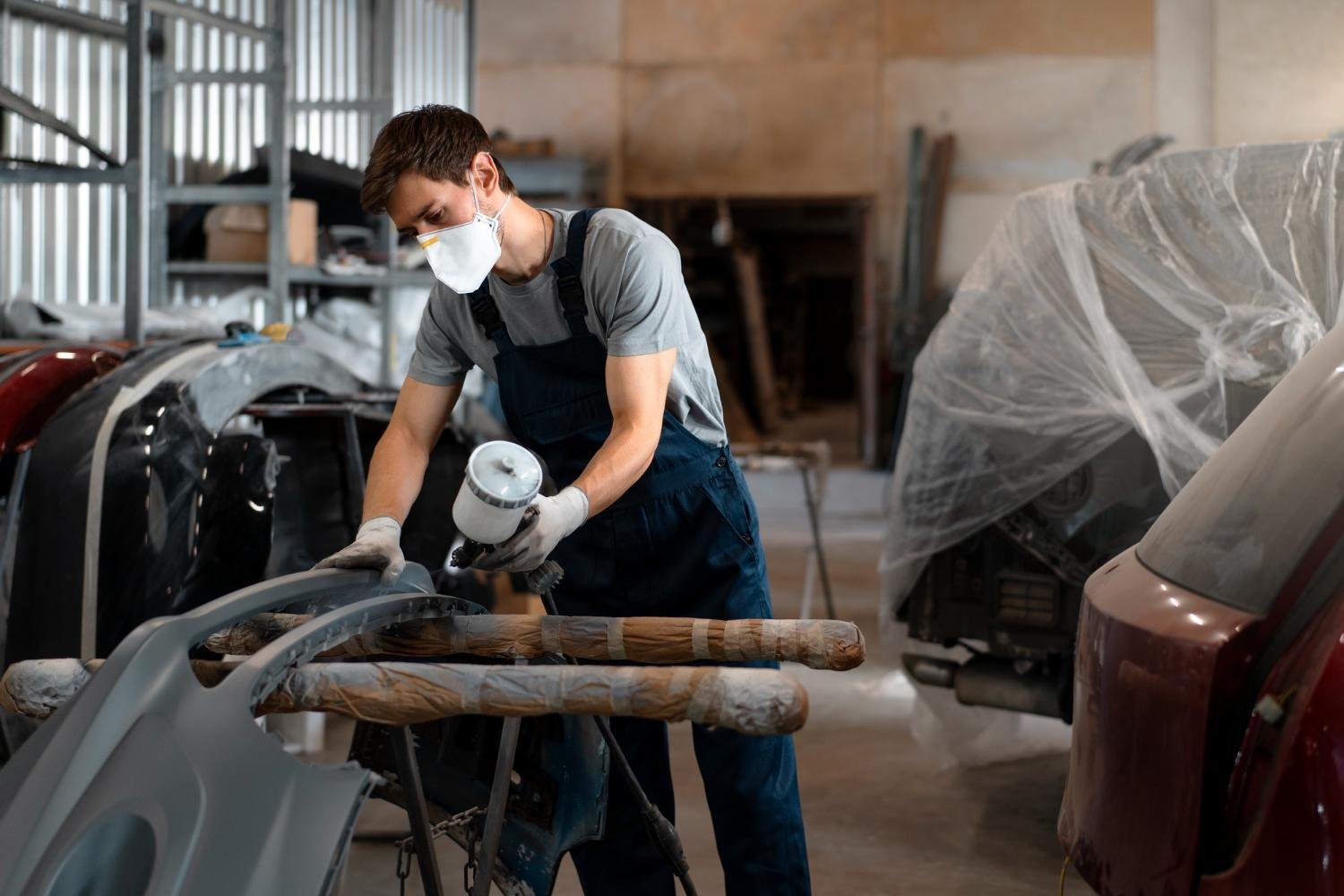 DIY car enthusiast wearing protective gear while painting car parts in a home garage workspace, showcasing hands-on vehicle maintenance and upgrades