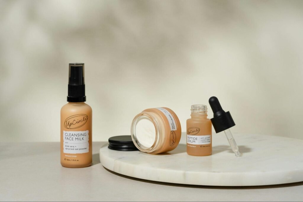 Skincare products arranged neatly on a tray, illustrating mindful storage of wellness and personal care items at home