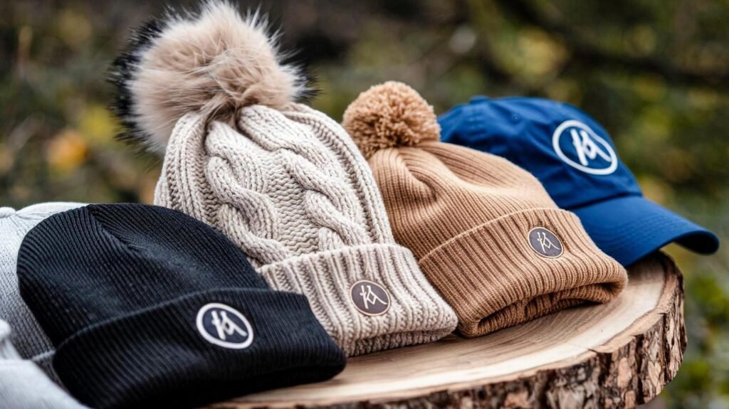 Collection of branded knit beanies and caps arranged on a wooden log outdoors, showcasing winter apparel used for long-term brand visibility