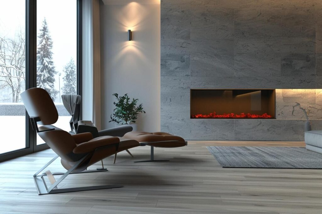 Minimalist living room featuring a sleek electric fireplace integrated into a modern, open-plan interior If you want it more luxury-forward, more architectural, or more lifestyle-oriented, I can refine it instantly